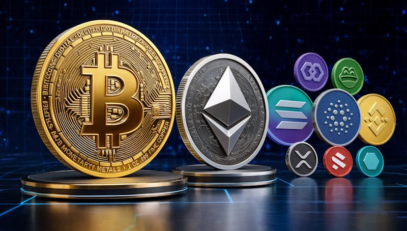 Infographic showing the market cap hierarchy of popular coins.