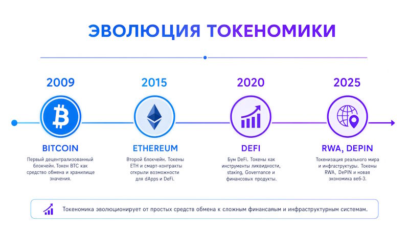 Timeline of tokenomics evolution: 2009 (Bitcoin) → 2015 (Ethereum) → 2020 (DeFi) → 2025 (RWA, DePIN). Horizontal time scale with icons for each period.
