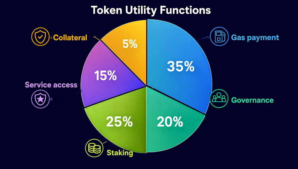 Pie chart of token utility functions: gas payment (35%), governance (20%), staking (25%), access to services (15%), collateral (5%).