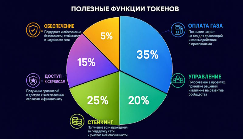 Pie chart of token utility functions: gas payment (35%), governance (20%), staking (25%), access to services (15%), collateral (5%).