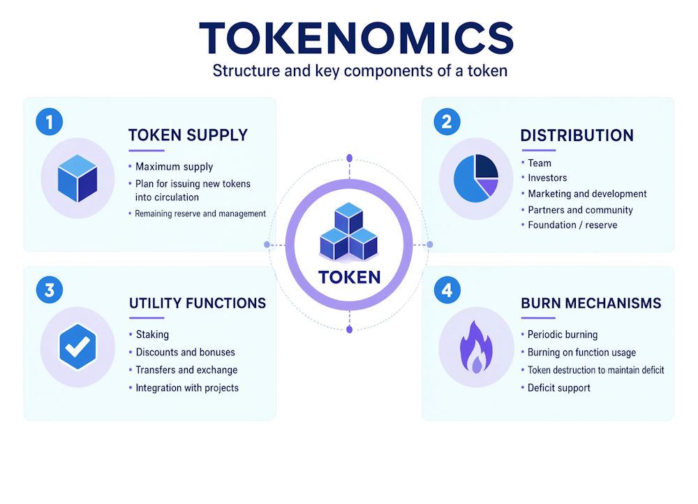 Infographic showing the main components of tokenomics: token supply, distribution, utility functions, burning mechanisms.