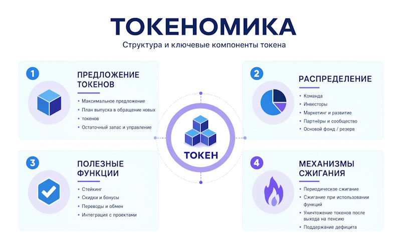Infographic showing the main components of tokenomics: token supply, distribution, utility functions, burning mechanisms.